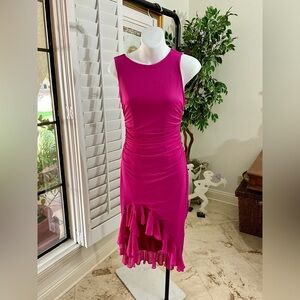 NWOT Pink Stretch body-con dress fancy front & back ruffle size M juniors or XS